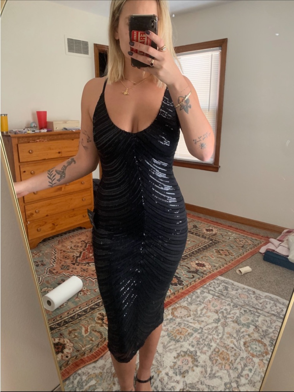 Lulu's Black Sequin Ruched V-Neck Midi Dress - Picture 5 of 6